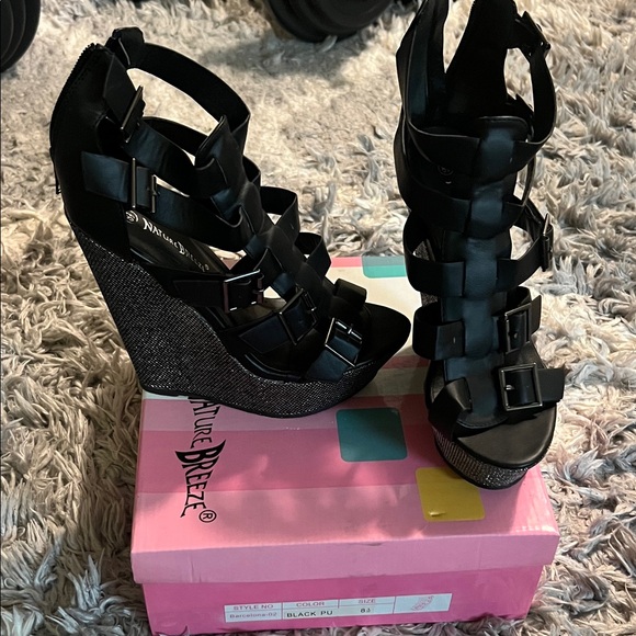 Nature Breeze Shoes - Nature Breeze Black Strappy Glitter Wedge Sandals